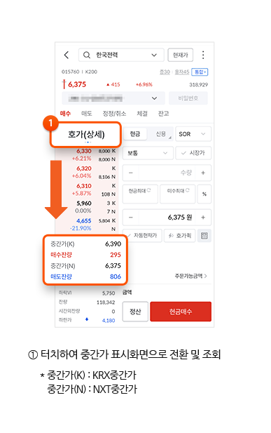 MTS - 1.터치하여 중간가 표시화면으로 전환 및 조회. *중간가(K):KRX중간가, 중간가(N): NXT중간가